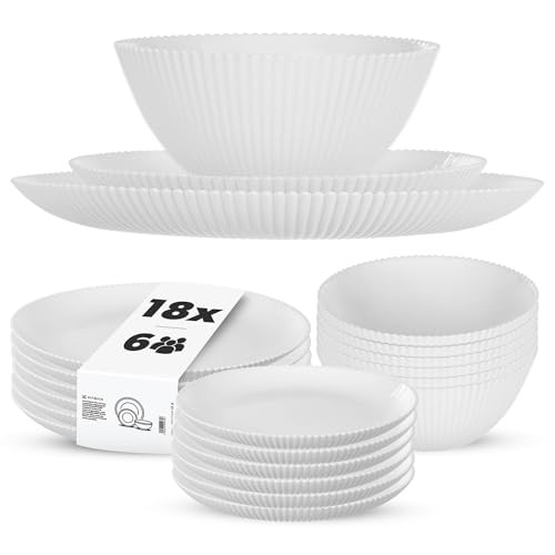 KADAX Service de table pour 6 personnes, 18 pièces, en verre opale blanc, avec bols à soupe, assiettes plates et assiettes à dessert, passe au...