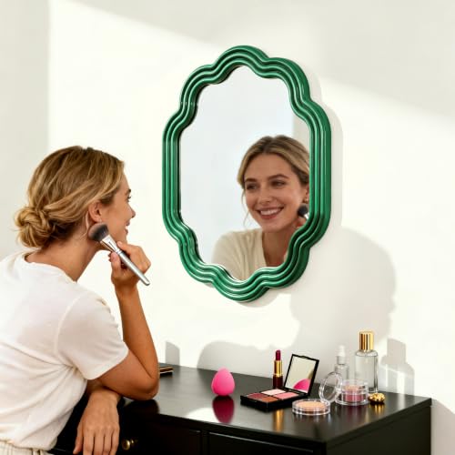 Image of Green Wavy Oval 16x20 Small Scallop Unique Wall Vanity Decor Mirror