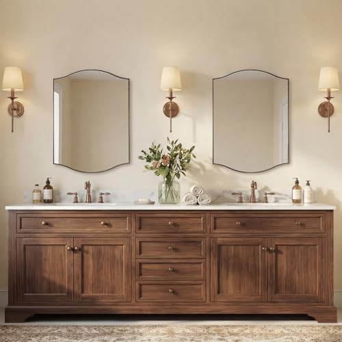 Image of ANDY STAR 22 inchx30 inch Bronze Bathroom Mirror, Rectangle Scalloped Wall Mirror in Stainless Steel Metal Frame, Modern Brushed Bronze Finish with Curved Edge Design, Wall-Mount Mirror for Bathroom, Entryway