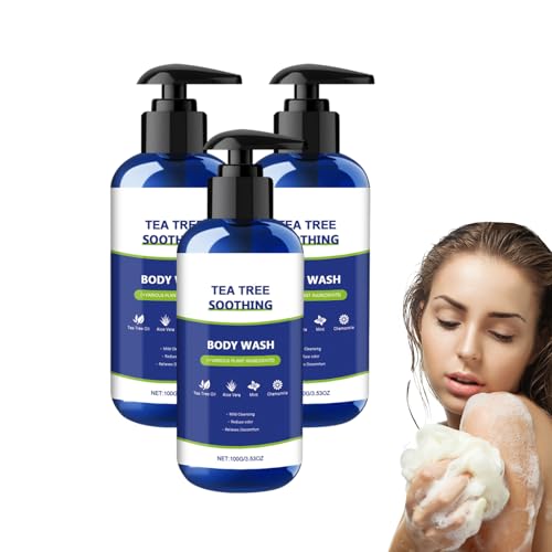 Gel de baño de árbol de té para hombres y mujeres con aceite de menta - Gel de baño refrescante para uso diario - Ayuda a calmar la picazón de la piel seca - Apto para todo tipo de piel (3 botellas)