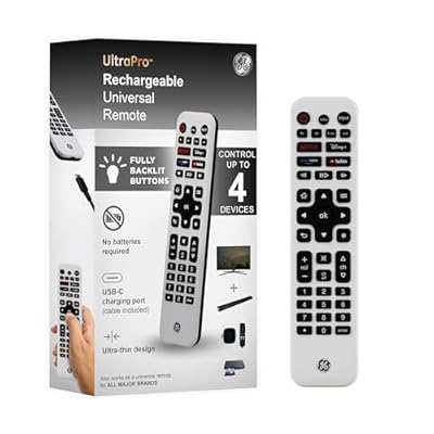 GE Rechargeable TV Remote Control, Universal Remote Control, Backlit Buttons, Samsung TV Remote Control Replacement for Smart TVs, Apple TV, Sony, Roku Replacement Remote, LG TV, 4-Device, 80984