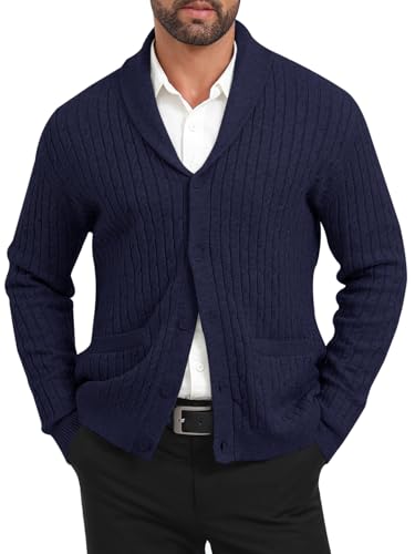 ALLOVIN Mens Cable Knit Cardigan Sweater Shawl Collar Long Sleeve Button Down with Pockets Casual Business Wear Fall Winter4