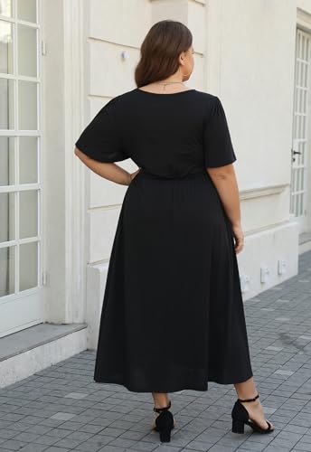 Image of Keluummi Plus Size Maxi Dress for Women Floral Empire Waist V-Neck 3 /4 Sleeve with Pockets