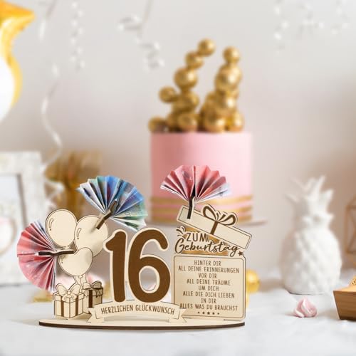 BOFUNX Geldgeschenke zum 16. Geburtstag Mädchen Jungen Holz Verpackung Geschenke 16 Geburtstag Jungen Mädchen Holz Schild Gästebuch Geburtstagsgeschenk 16 Geburtstag Geschenk Tischdeko