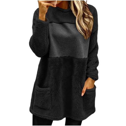 CGGMVCG Womens Colour Block Fleece Jumper Long Sleeve Crew Neck Pullover Sweatshirt Casual Loose Fit Fluffy Sherpa Tunic Tops with Pockets, Black, L
