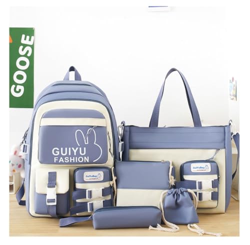 Cute backpack with accessories kawaii 5PCS Set Large Capacity Backpack (Blue five-piece set)2