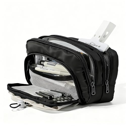 Image of FINPAC Pencil Case, 5-Layer Large Capacity Pen Case with Drawstring, Durable Stylish Bag Pouch Holder Box Organize for Study, Office, or Travel (Black)