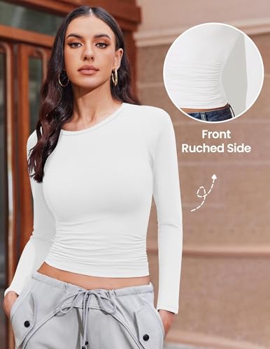 Ekouaer Womens 3 Pack Long Sleeve Shirts Ruched Side Fitted Undershirts Round Neck Underscrubs Thermal Tops XS-XXL2