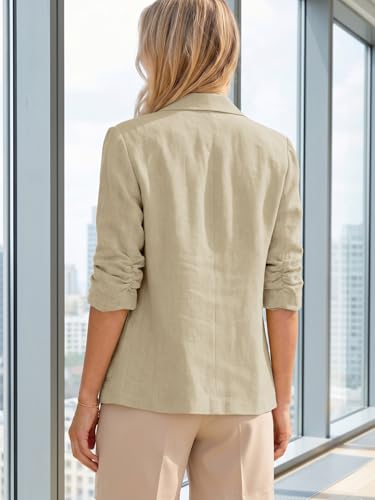 Image of Mina Self 2026 Summer Women's Linen Blazer Jacket - Lightweight Breathable 3 /4 Stretchy Ruched Sleeve Casual Work with Pocket