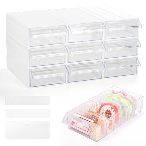 Goaste 9 Pack Drawer Stacking Storage Cabinet, Plastic Desktop Drawer Closet, Small Parts Hardware Craft Organizer Container with 21 PCS Clear Dividers, 11 PCS Tag Cards for Mini Figure Jewelry Bead