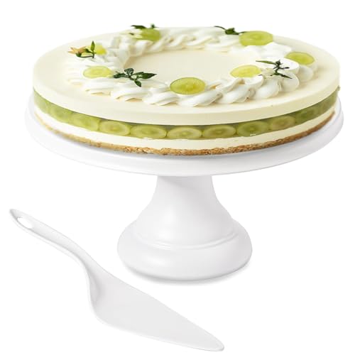 JOYMAY 9.6 Inch Bamboo Fiber Cake Stand, Round Cake Holder, Cake Plate with Detachable Base, Dessert Table Display Set, Cake Decorating for Birthday Party Baking Gifts for 6inch, 8inch Cakes (White)
