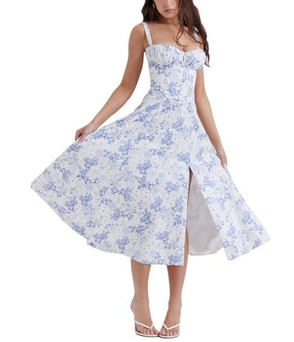 shownicer Robe d'été Imprimée Bretelles Spaghetti sans Manches Fendues Coupe Basse Femme à la Mode Découpe Dos Nu Maxi Robe Boho Col Carré Été Plage...