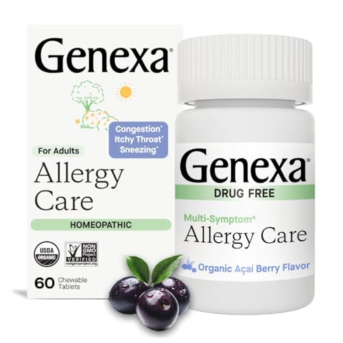 Genexa Allergy Care | Drug Free, Non-Drowsy Allergy & Decongestant Remedy for Adults | Vegan & Non-GMO | Homeopathic Allergy Relief Made Clean | Organic Acai Berry Flavor | 60 Chewable Tablets