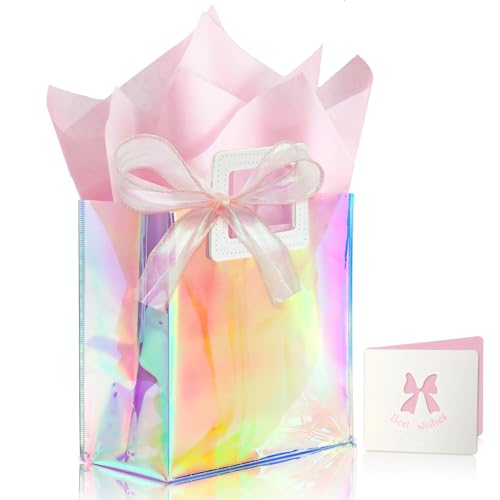 KeerxunBag 1 Pack Holographic Gift Bags with Handles & 2 Tissue Paper Sheets Iridescent Transparent Reusable Bags for Women Girls Birthdays WeddingsPink Gift Bag