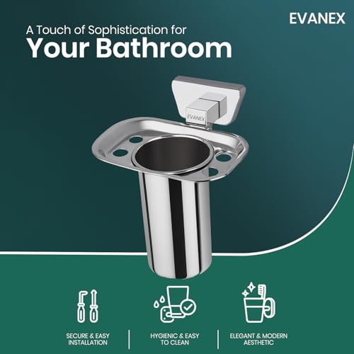Image of EVANEX Wall-Mounted Tooth Brush Holder, 304 Grade Stainless Steel Tumbler Stand, Bathroom Organizer with Glossy & Chrome Finish Stand with Removable Cup (Aquarius)