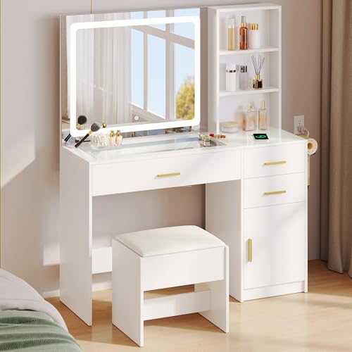 DWVO 45" W Vanity Desk w/Wireless Charging Station & Power Outlet, Mirror w/Lights Table Set with 4 Drawers, 3 Lighting Modes Brightness Adjustable for Bedroom Studio, Upgraded Milk White