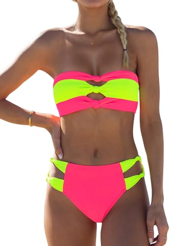 WODECASA Women's Neon Color Block Bikini Set Bandeau Knotted Cutout Sexy 2 Piece Swimsuit Bathing Suit
