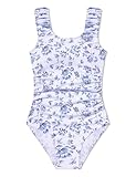 Jrbybazy Girls Swimsuit Ruched Sleeveless Swimwear Back Cut Out Padded One Piece Girls Bathing Suits Size 10-12 Floral White