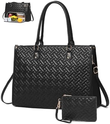 BAVERGE Lunch Tote Bag for Women, Vegan Leather 15.6” Laptop Bag with Insulated Compartment Quilted Purse for Work Teacher Nurse