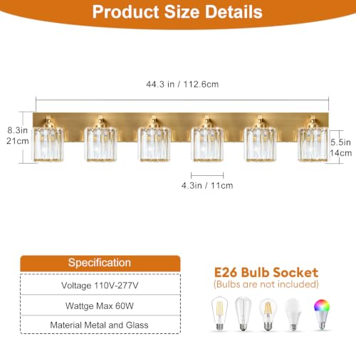 Image of Gold Crystal Bathroom Vanity Light, 6-Light Modern Bathroom Lighting Fixtures Over Mirror,Chrome Wall Sconce Light Fixtures with Square Shade
