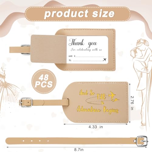 Sweetude 48 Sets Leather Luggage Tag Bulk and So The Adventure Begins Luggage Tags with Name Card for Wedding Bridal Shower Bachelorette Honeymoon Travel Graduation Gifts(Apricot)
