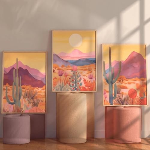 Peinture de cactus vintage pour salon affiche coucher de soleil désert 30x50