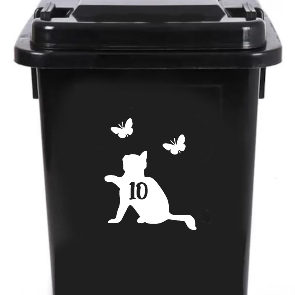 Cute Cat Chasing Butterflies Waterproof Wheelie Bin Stickers, Vinyl Material, Gifts for Cat Lovers