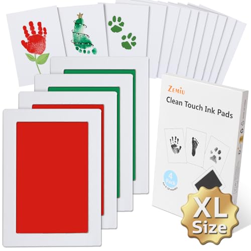 Zemiu Baby Handprint and Footprint XL Size Kit,2 Pcs Baby Handprint Ink Pads with Clean-Touch & 6 Imprint Cards Safe for Baby, Family Keepsake, Pet Paw-Green & Red
