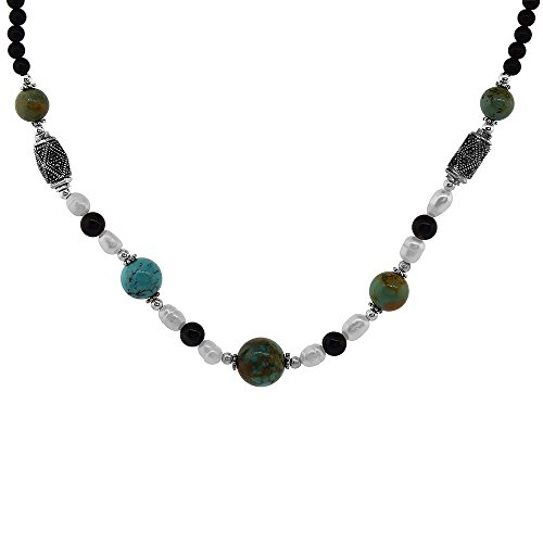 Nylon Necklace Sterling Silver Accents, Freshwater Pearls, Marcasite, Natural Turquoise