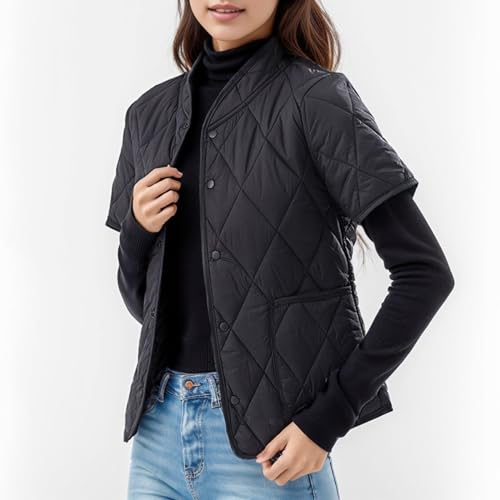 Pufferly Jackets for Women Quilted Womens Lightweight Short Sleeve Two Pockets Down Jacket (Available In Hooded3