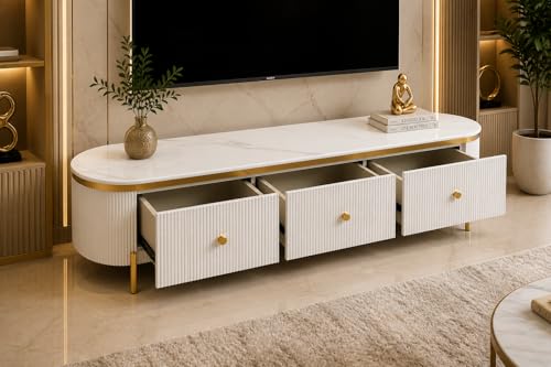 Image of Mazzo White Marble TV Unit Console | 70 inchx15 inchx18 inch | Golden Legs & Charcoal Louvers | Storage Drawers | Modern TV Stand Console Unit White Marble Top with Gold Accents, Storage Drawers