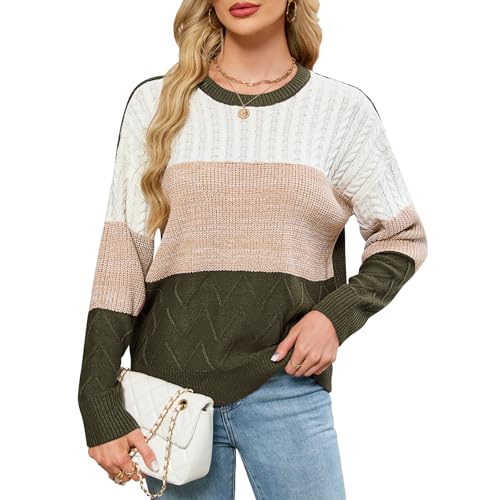 Womens Sweaters Striped Color Block Cable Knit Fall Sweater Long Sleeve Crewneck Oversized Pullover Tops