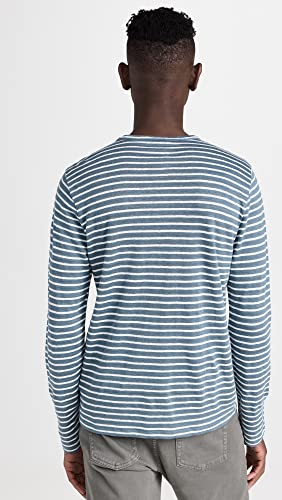 Vince Men's Stripe Linen Long Sleeve Crew Neck Tee, Night Blue/Off White, S #TOP2