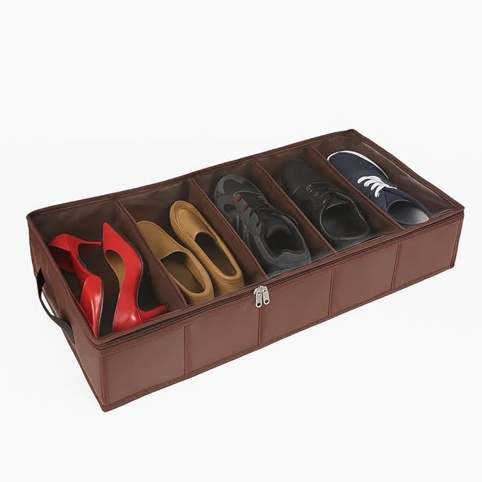 ELEGANCE TWIST 5 Pair Shoe Storage Box | Underbed Foldable Shoe Organizer with Transparent Cover & Handles | Non-Woven Fabric Closet Shoe Rack for Space Saving (Brown, Pack of 1)-image-28