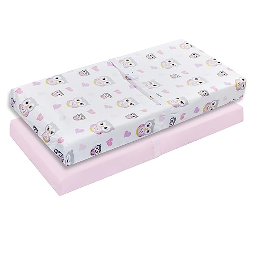 Image of EVERYDAY KIDS 2 Pack Baby Changing Pad Covers for Girls in Solid Pink and Nature Owl Print – Fits Most Changing Table Pads; 100% Cotton Percale Weave, Breathable, Ultra Soft Changing Table Topper