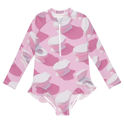 CHIFIGNO Girls Swimsuits One Piece Quick Dry Rashguard Girls' Swimwear, White Toilet Pink 3T