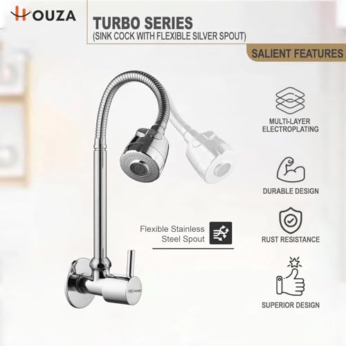 Image of HOUZA Brass Kitchen Sink Tap Faucet with Pull Down Sprayer| Kitchen Tap with 360 Degree Flexible Swivel Spout | Water Saving Aerated Dual Flow Kitchen Faucet for Sink (Chrome Finish, Silver)