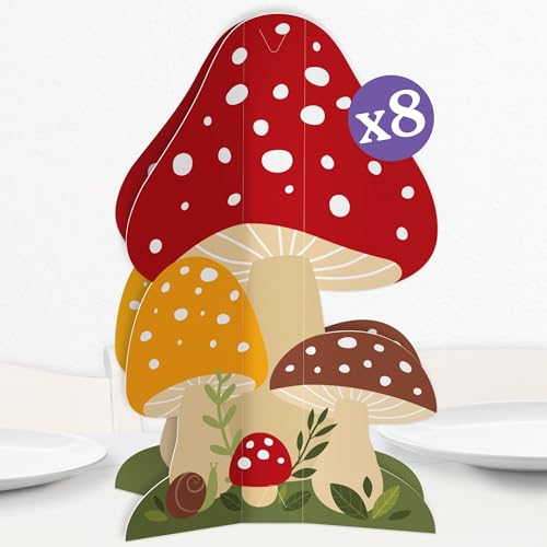 Big Dot of Happiness 3D Wild Mushrooms Centerpiece Table Decorations, Freestanding Red Toadstool Fall Decor, Mushroom Birthday Party Centerpieces - 8 Count