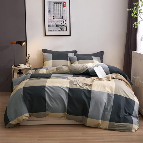 Image of VM VOUGEMARKET Cotton Full Duvet Cover Set,3 Pieces Black Gray Plaid Duvet Cover with 2 Pillowcases Modern Simple Checkered Comforter Cover for Teens Boys Men-80x90 Inch