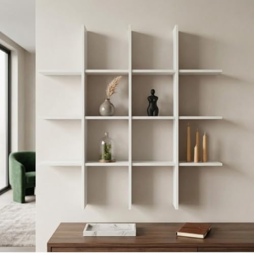 Image of Modern Wooden Wall Shelf for Living Room & Bedroom - Decorative Wall Mounted for Books, Showpieces & Home Decor - Multi-Compartment Floating Wall Organizer Full White