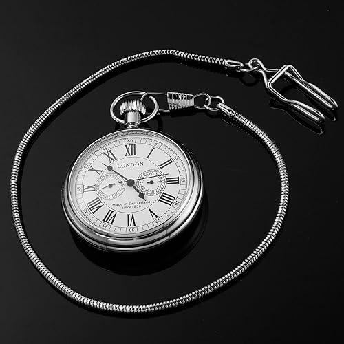 Tiong Vintage Silver Train London Design Mechanical Hand Winding Pocket Watch Stainless Steel Mens Watches with Chain - Image 6