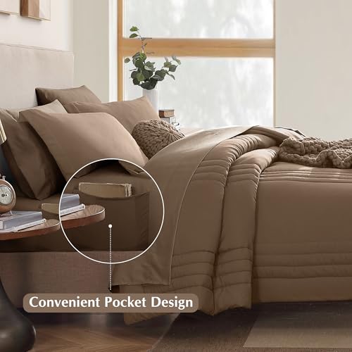 Image of Monbix King Size Comforter Set - 7 Pieces Bed in a Bag King, Raw Umber King Bedding Sets with Comforter, All Seasons Comforter Bed Set with Sheets, Pillowcases & Shams