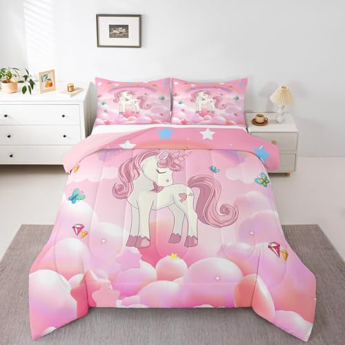 Image of Erosebridal Unicorn Bedding Set for Girls King Size Pink Purple Unicorn Comforter Set with Rainbow Diamond Galaxy Stars Fantasy Girls Room Decor Rainbow Unicorn Duvet Insert Reversible Quilt