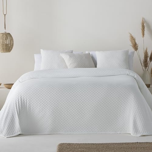 GAMUSI Colcha Cama 135/140 cm Ligera Entretiempo Primavera Verano Lisa Jacquard algodón Transpirable, 235x270 cm, Color Blanco