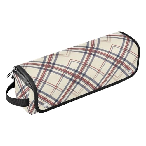 Bolso de viaje para herramientas de cabello y tapete resistente al calor con cierre magnético portátil, organizador para herramientas calientes como planchas y rizadores, estilo vintage rojo y azul a cuadros