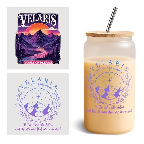 Set 2Pcs Velaris City of Starlight UV DTF Cup Wraps for 16 oz Glass, Velaris Court Of Dream, Cold Transfer Stickers for Glass Cups, ACOTAR Night Court Bookish, Vinyl Waterproof Rub on Transfer Sticker