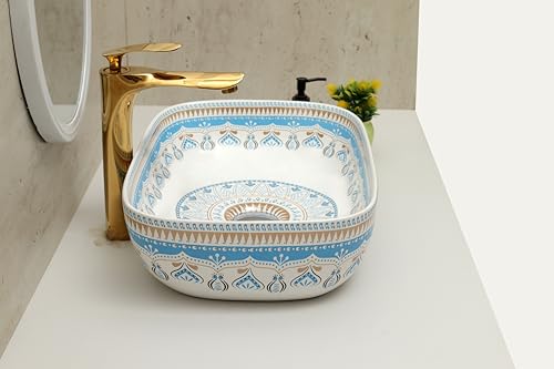 Image of Moroccan Design Ceramic Tabletop Wash Basin | Countertop Vessel Sink | Wash Basin over counter For Bathroom Hotel Home (18x13x5.5 Inch) (TORO 4014) (Moroccan Design 110)