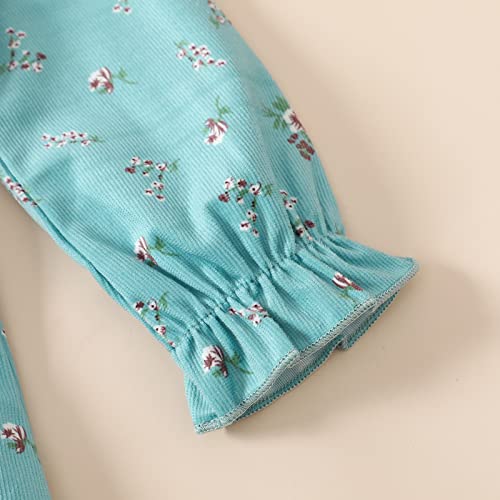 Grnshts Toddler Baby Girl Dress Corduroy Ruffle Long Sleeve Floral Print Princess Dresses With Headband Kids Fall Winter Outfits(Blue Green,1-2T) #TOP4
