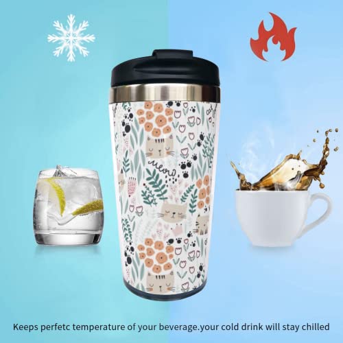 Wisedeal Cats And Florals Travel Coffee Mug With Filp Lid, Mother's Day Birthday Gift For Men Women Bestie Friend Cat Lover, Cute Cat Stainless Steel Water Bottle Tumbler Cup, 13 Oz #TOP2