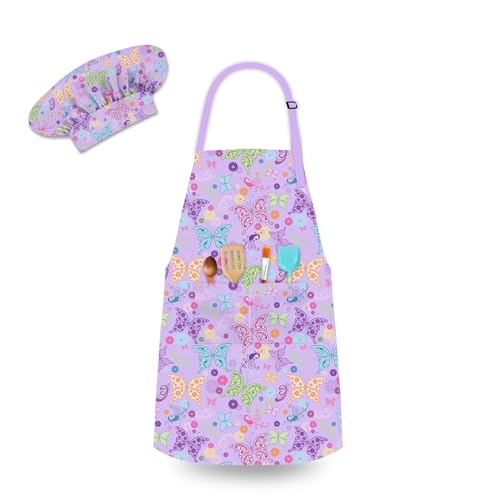 HKKDKTA Kids Chef Hat and Apron Set with 2 Large Pockets Girls Boys Adjustable Chef Costume Kids Aprons for Cooking Baking